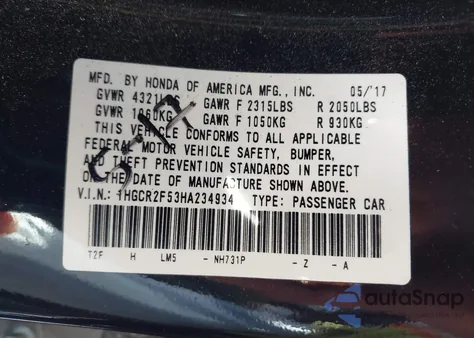 2017 Honda Accord Sport from USA, damaged, VIN 1HGCR2F53HA234934